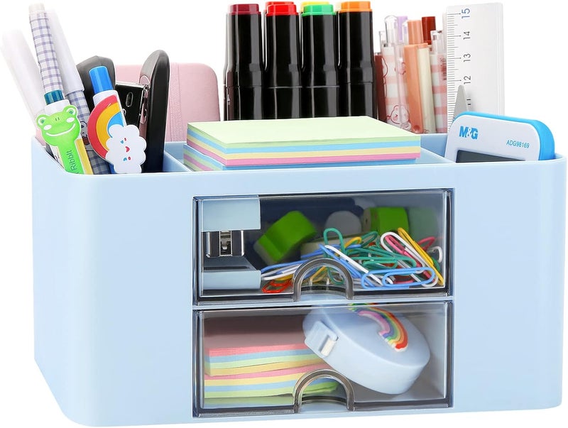 LETURE Desk Organizer with 2 Drawer, Plastic Desktop Pen Pencil Card Holder Storage Box for Desk, Office Supplies, Vanity Table Office School Home (Blue) - Image 1